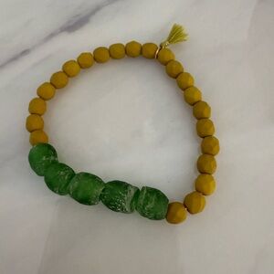 Green and chartreuse recycled beaded tassel bracelet